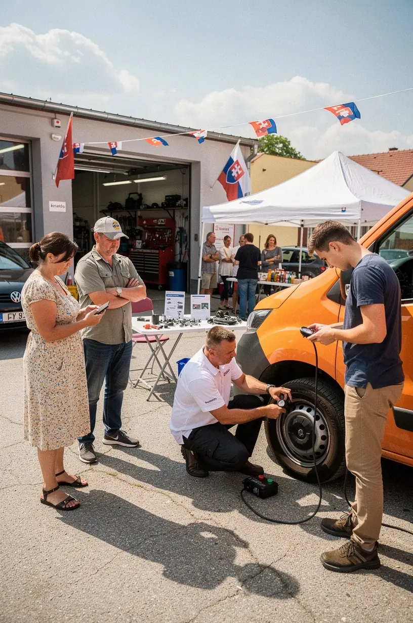 Detailný záber na diagnostický prístroj počas preventívnej kontroly vozidla.