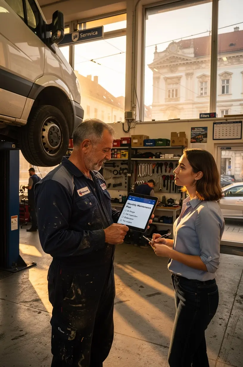 Firemná dodávka na zdviháku počas údržby v špecializovanom servise.