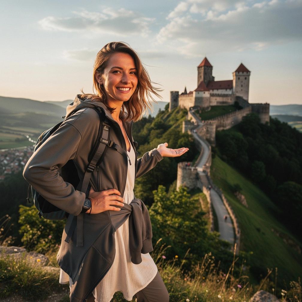Chodník vedúci k vyhliadke na návrší s informačnou tabuľou a lavičkami pre turistov.